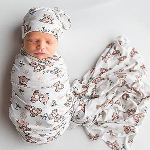 Luxury Rayon from Bamboo Hat & Baby Swaddle for Newborns 0-3 Months, Cozy Teddy Bear Newborn Swaddle Blanket for Baby Boys & Girls, Hypoallergenic, Breathable & Buttery Soft