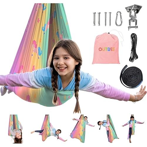 OUTREE Sensory Swing for Kids, Double Layer Therapy Hammock, Indoor Swing with 360° Swivel Hanger Kit and Adjustable Straps, Autism Sensory Product for Autism, ADHD (Unicorn Printed)
