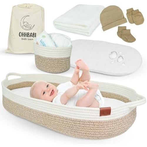 Baby Changing Basket Set w/Matching Diaper Caddy - Foam Changing Pad & Water Repellent Cover - Baby Diaper Changing Pad for Dresser - Cotton Rope Diaper Changing Basket - Beige