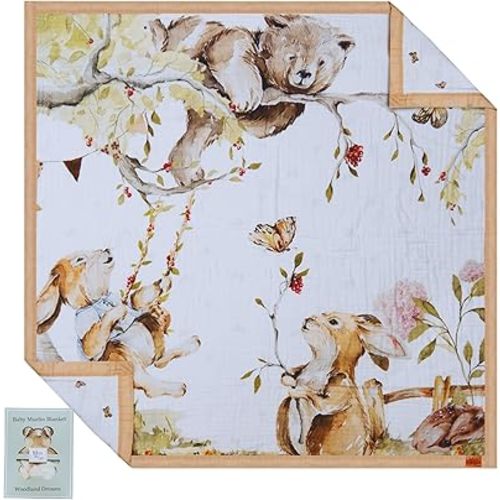 Baby Muslin Woodland Blanket – Reversible Cotton Muslin Baby Quilt, 48x48 Woodland Blanket for Newborns & Toddlers – Gender Neutral, Soft & Breathable
