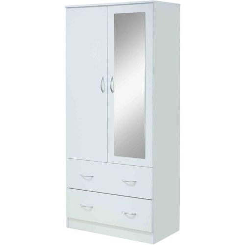HODEDAH 2 Door Wood Wardrobe Bedroom Closet with Clothing Rod inside Cabinet, 2 Drawers for Storage and Mirror, White
