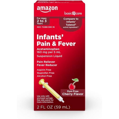 Amazon Basic Care Infants' Pain & Fever, Acetaminophen 160 mg per 5 mL, Suspension Liquid, Dye-Free Cherry Flavor, 2 fl oz (Pack of 1)