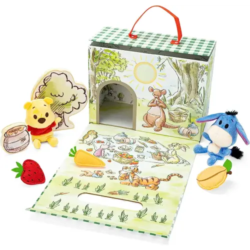KIDS PREFERRED Disney Baby Winnie The Pooh and Friends Deluxe Take Along Travel Playset 100 Acre Woods Picnic with Pooh and Eeyore Beanbag Plush and Wooden and Fabric Set Pieces