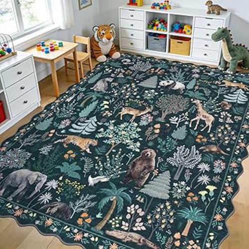 U'Artlines Animal Rug for Playroom,8x10 ft Washable Area Rugs, Non Slip Stain Resistant Large Carpet for Living Room,Soft Low Pile Animal Print Jungle Rug for Kids Nursery Classroom Dorm Dining Room