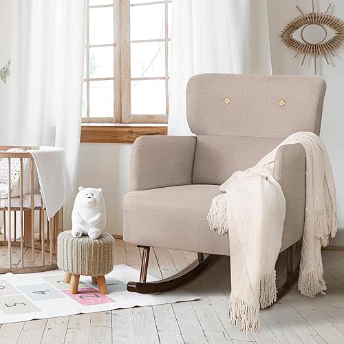 COCO DESIGN Fabric Rocking Chair for Nursery, Rocking Chair Indoor for Living Room, Modern Glider Rocker, Thick Padded Seat Side Armchair (Khaki)