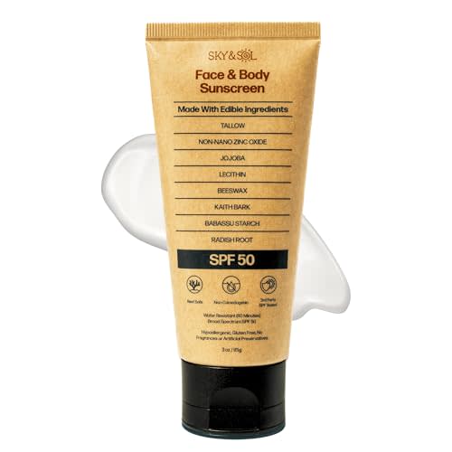 Sky and Sol Non-Toxic Natural Mineral Sunscreen SPF 50 | Safest Organic Natural Tallow & Zinc Oxide Sunblock | Reef Safe, Clean Non-Greasy Formula for Face and Body | Women and Men. 3 oz (85 g)