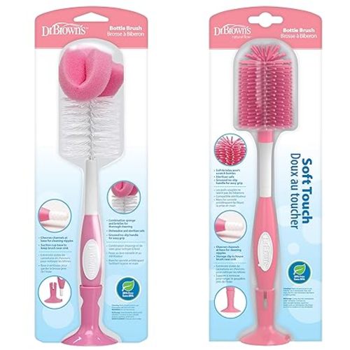 Dr. Brown's Baby Bottle and Nipple Brush Soft Touch and Sponge Brush, Pink Variety Pack, 2 Count