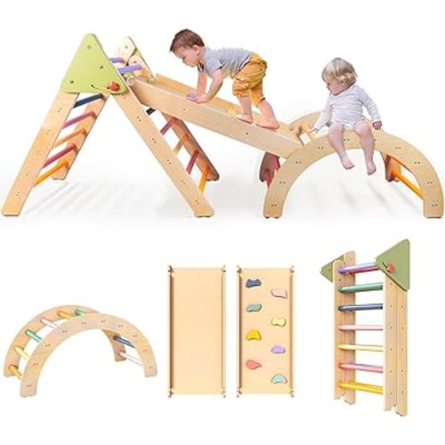 LOL-FUN Pikler Triangle Set Montessori Toddler Climbing Toys Indoor, Foldable Climbing Toys for Toddlers 1-3 Inside, 3 Piece Baby Climbing Gym Indoor Playground