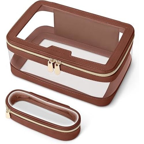 Travel Clear Makeup Bag with Makeup Brush Bag, Leather Makeup Case Toiletry Bag, Portable Cosmetic Bag Case, Transparent Waterproof Cosmetic Organizer Storage Bag for Women, Brown