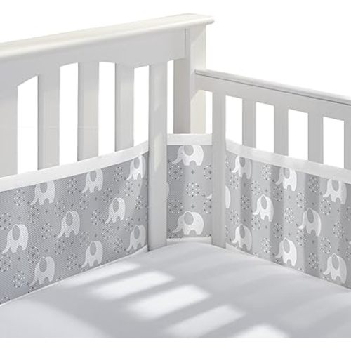 BreathableBaby Breathable Mesh Liner for Full-Size Cribs, Classic 3mm Mesh, Peaceful Elephants (Size 4FS Covers 3 or 4 Sides)