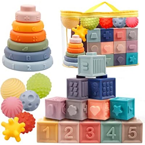 Plunack Montessori Toys for Babies 6-12 Months Soft Baby Toys Set 3 in 1 Stacking Building Blocks Infant Teething Toys Sensory Balls Educational Learning Toys for Toddlers 3-6-9-12 Months Boys Girls