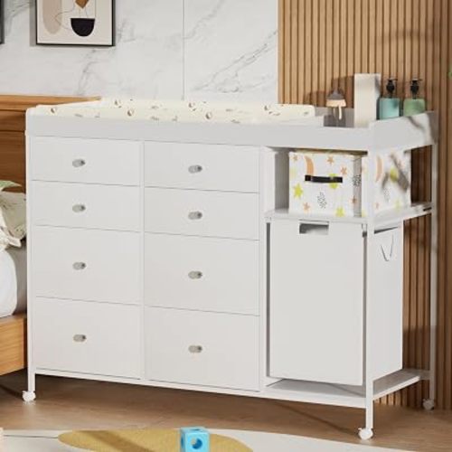 Mobile Diaper Change Table with Wheels Baby Dresser with Laundry Basket