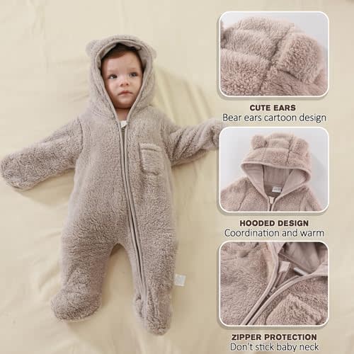 AiWMGL Newborn Baby Bear Outfit Suit With Fold-Over Mittens and Footies Girls Boys 0-3 Months Winter Fleece Clothes Suit Hooded Jumpsuit Romper Snowsuit