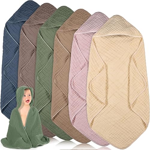 Peryiter 6 Pcs Muslin Hooded Baby Towels,32"x 32" Cotton Newborn Bath Towel Muslin Infant Baby Blankets Absorbent Unisex Newborn Registry Gift for Girls Boys (Brown)