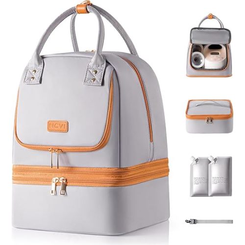 NCVI Breast Pump Bag with Ice Pack – Double Layer Removable Pump Bag for Medela & Spectra S1/S2, Insulated Breast Milk Cooler Bag for Working Moms, Travel, Office, Grey