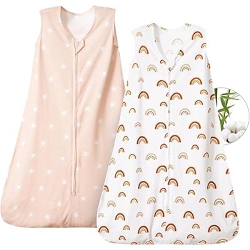 PHF 70% Rayon Derived from Bamboo and 30% Cotton Baby Sleep Sacks 0-6 Months, Baby Sleeping Bag 2-Way Zipper, 2 Pack 0.5 TOG Soft and Breathable Wearable Blanket for Baby Unisex Small Size, Rainbow