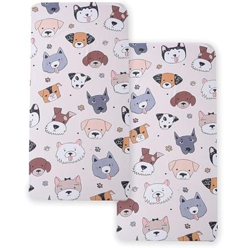 Soft Doggy Cute Puppy Printed Fabric Crib Sheet for Boys Girls,2 Pack Crib Mattress Sheets or Toddler Bed Sheet, Baby Bassinet Sheets Fitted Crib Sheet (Cream)