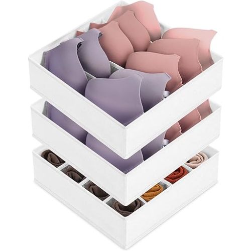 3 Pack Bra Underwear Drawer Organizer Dividers, 26 Cell Fabric Foldable Dresser Closet Organizers and Storage Boxes for Baby Clothes, Bra, Socks, Underwear, Ties (5+5+16 Slots, White)