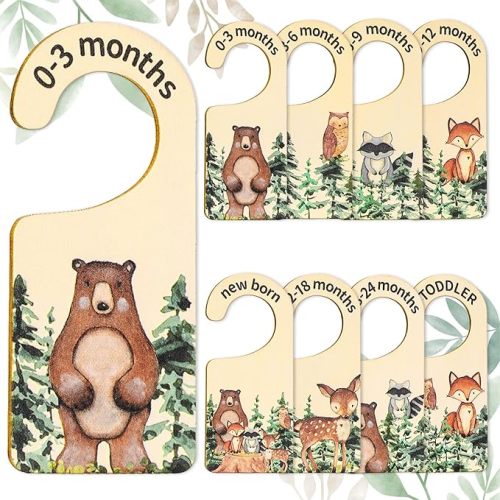 Whaline 8 Pcs Baby Closet Size Dividers Woodland Design Hanging Wooden Baby Closet Organizer Newborn to 24 Months Thicken Babies Wardrobe Organizer for Home Nursery Decor