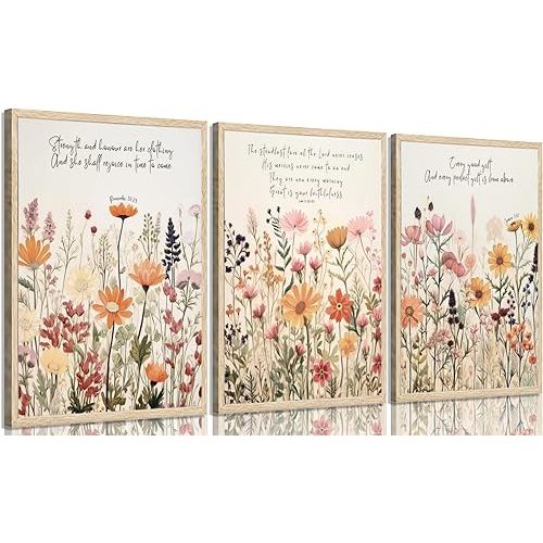 ZLXARTLA 3Pcs Christian Floral Wall Art Prints Bible Scripture Wildflowers Paintings Flowers Pictures Wall Decor for Church Prayer Room Living Room Home Decoration 12x16in Postewr