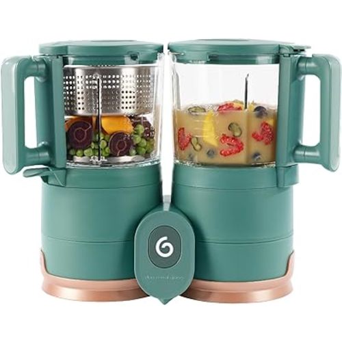 Babymoov Duo Meal Glass Food Maker - Baby Food Processor with Built-in Glass Steamer, Stainless Steel Basket, and Glass Blender (Over 6 Cup Capacity), Dark green