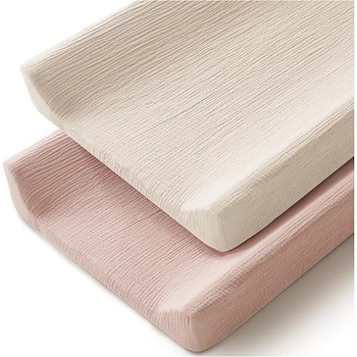 Changing Pad Cover for Neutral Baby Muslin Soft Cotton Diaper Changing Table Pad Cover Changing Pad Sheets for Girls and Boys - 2 Pack(Ivory&Pink)