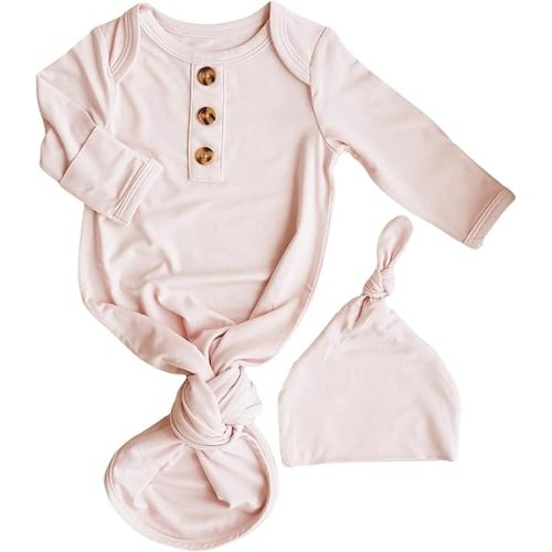 Caden Lane Newborn Knotted Gown with Hat, Soft Bamboo Viscose Baby Sleep Sack, Unisex Infant Nightgown, Breathable Sleepwear