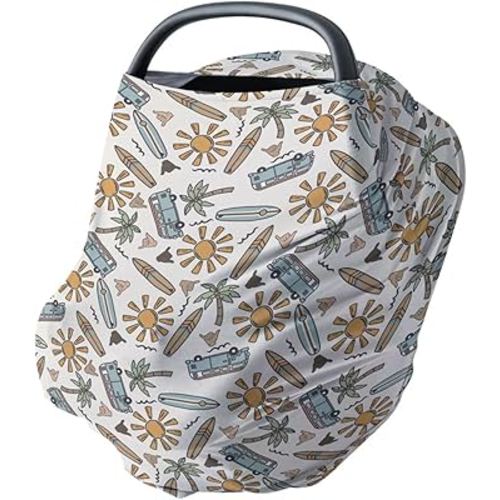 HawSkgFub Boho Beach Surfing Sun 5-in-1 Car Seat Cover for Baby Boys Shower Gift, Summer Blue Surf Board Camper Van Privacy Breastfeeding Nursing Cover, Newborn Infant Multi-use Carseat Canopy Carrier