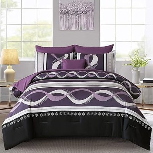 Purple Comforter Set Queen Size, 8 Pieces Bed in a Bag Patchwork Striped Comforter Set, Soft Microfiber Boho Bedding Set for All Season(90"×90")