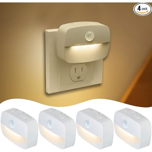 Sossi Motion Sensor Night Light Plug in 4 Pack,10-60Lm Stepless Dimming,3 Light Modes with Memory, Smart Night Lights Plug Into Wall Sensor,Dusk to Dawn Sensor for Bedroom,Toilet,Hallway,Kitchen