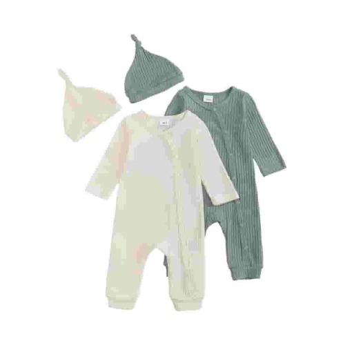 Actgleam Newborn Baby Boys Girls Pajamas with Hat Long Sleeve Button Solid Bodysuit Romper 2-Pack,6-9 Months