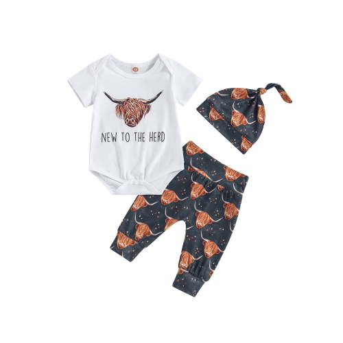 nvzhuang Baby Boys 3PCS Pants Sets White Short Sleeve Romper Cattle Head Print Pants Hat Sets Summer Clothes