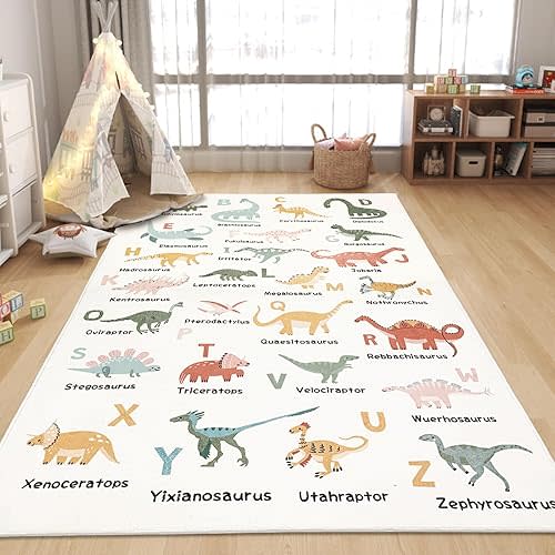 Dinosaur Area Rug - 4x6Ft Large, Soft, Washable, Non-Slip, ABC Animal Alphabet Playroom Carpet Mat for Kids, Bedroom, Nursery, Educational Decor