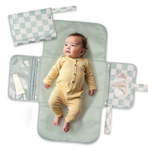 Tiny Twinkle Portable Diaper Changing Pad-Foldable Waterproof Changing Mat&Portable Changing Pad for Travel,Baby Changing Station with Smart Wipes Pocket&Storage (Sage Checkers)