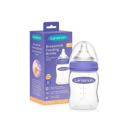 Lansinoh Momma Breastmilk Feeding Bottle 5 Oz 2 Pk | Baby Bottles | Slow Flow Bottles for Newborn Babies | Air Ventilation System Anti Colic Bottles for Infants | Natural Wave Nipples | Breastfeeding