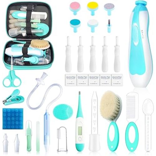 Baby Healthcare and Grooming Kit, 30 in 1 Portable Baby Essentials Kit Electric Nail Trimmer Set with Gas Relief Hair Brush Comb Nasal Aspirator for Newborn Boys Girls (Green)