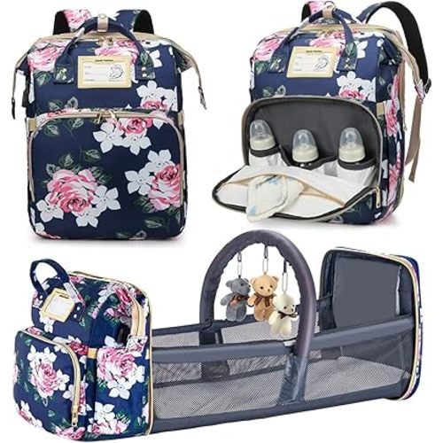 Diaper Bag Backpack with Changing Station, Foldable for Bady Toddler, 3 in 1 Large Capacity Newborn Essentials Organizer with Stroller Hook for Girls and Boys（Blue）