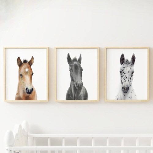 Horse Kids room prints, Set of 3 prints, Watercolor nursery art, Horse girl wall decor, Foal prints, Friesian Appaloosa Arabian baby horses