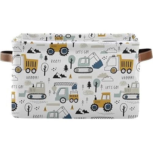 Excavator Truck Toy Storage Basket Fabric Kitchen Baskets Cars Boys Toys Open Home Storage Bins Boxes Foldable Organizer Bag for Baby Cloth Book Shelf Closet Baskets 16×12×8 Inches