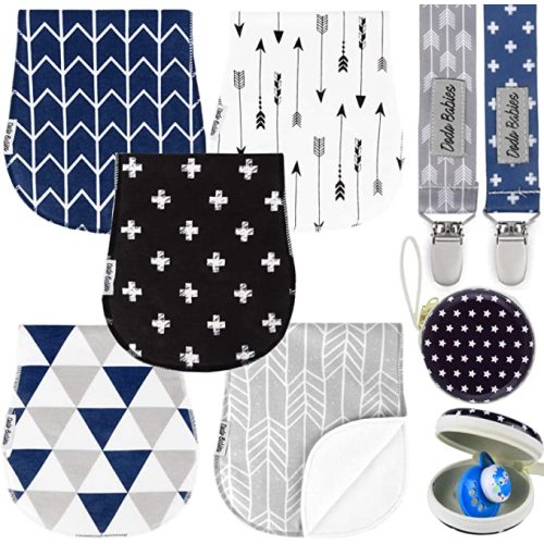 Dodo Babies 5-Pack Baby Burp Cloths - Soft, Absorbent Cotton Burp Cloths - Includes Pacifier Case and 2 Pacifier Clips - Colors: Black, Blue and Grey