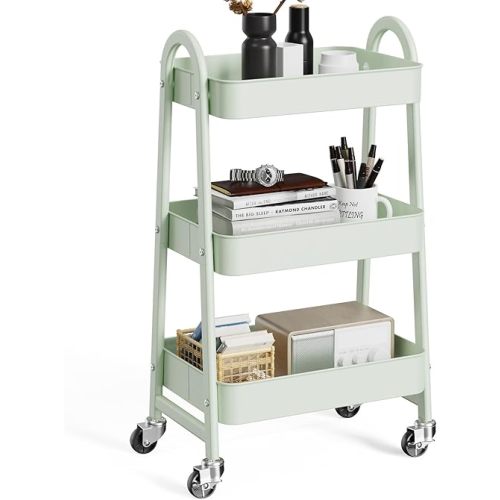 OLIXIS 3 Tier Utility Rolling Cart, Metal Mobile Storage Shelf with Lockable Caster Wheels, Organization for Livingroom, Bathroom, Kitchen, & Narrow Places, Green