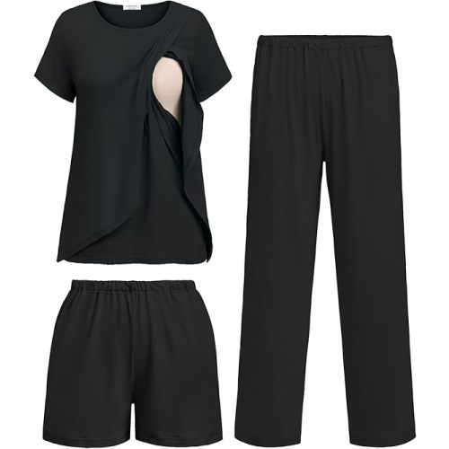 Ekouaer 3 PCS Maternity Nursing Pajamas Set Postpartum Breastfeeding Short Sleeve Shirts, Pregnancy Shorts & Pants Pjs S-XXL