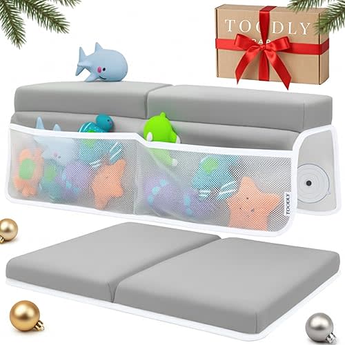 Comfortable Baby Bath Kneeler and Elbow Rest Pad Set – Thick Memory Foam Bath Kneeling Pad with Elbow Support – Baby Bathtub Cushion with Toy Organizer for Bathing Infant or Toddler - Grey