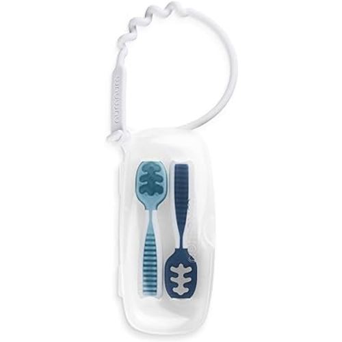 NumNum GOOtensil Pre-Spoons + Travel Case | Baby Spoon Set (Stage 1 + Stage 2) | BPA Free Silicone Self Feeding Toddler Utensils | For Kids Ages 6 Months+, 2 Spoons, Blue/Navy