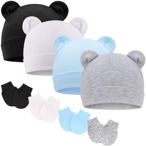 Newborn Baby Hat and Mittens Set Bear Ears Toddler Infant Beanie Caps Newborn Hospital Hat for Baby Boy Girl 0-3 Months