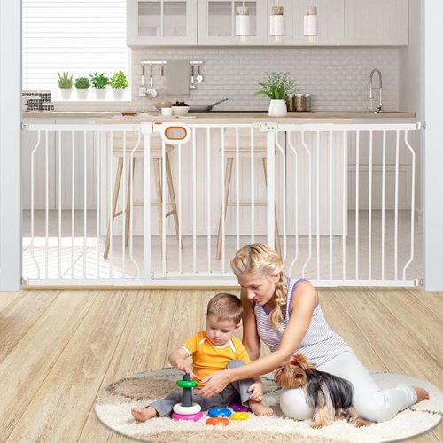 owlie Baby Gate with Door 66-75 Inch, Extra Wide Stair Gates for Kids Adjustable Wide Dog Pet Gate Stairway Large Baby Gates Pressure Mount for Pets for House Stairway Doorway White (30.5'' Tall)