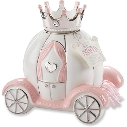 Baby Aspen Ceramic Porcelain Princess Carriage Piggy Bank, for A Baby Shower or Baby Girl Room Decor, Pink/Silver/White