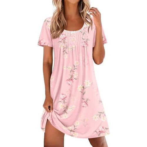 Ekouaer Nightgowns for Women Pleated Sleep Shirts Short Sleeve Night Shirts
