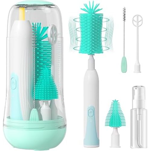 Electric Bottle Brush Cleaner, Rechargable Electric Baby Bottle Brush Cleaner with Nipple & Straw Brush, Travel Baby Bottle Brush with Drying Rack, Perfect Essentials for Mom After Birth, Green