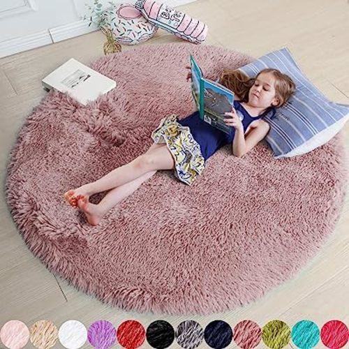 Blush Round Rug for Bedroom,Fluffy Circle Rugs 5'X5' for Kids Room,Furry Carpet for Teen Girls Room,Shaggy Circular Rug for Nursery Room,Fuzzy Plush Rug for Dorm,Blush Carpet,Cute Room Decor for Baby